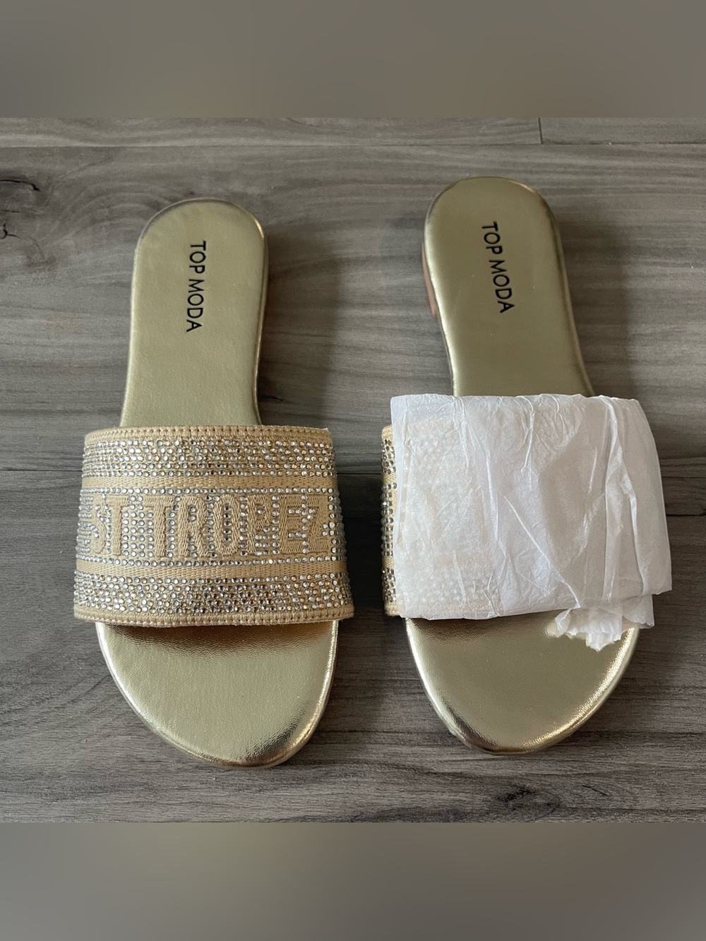 BRAND NEW Gold Crystal-Beaded Slide Sandals